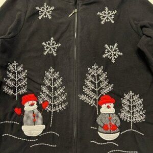 C B Casual Ugly Christmas Sweater ZIp Up Black Fleece Embroidered Snowman Medium